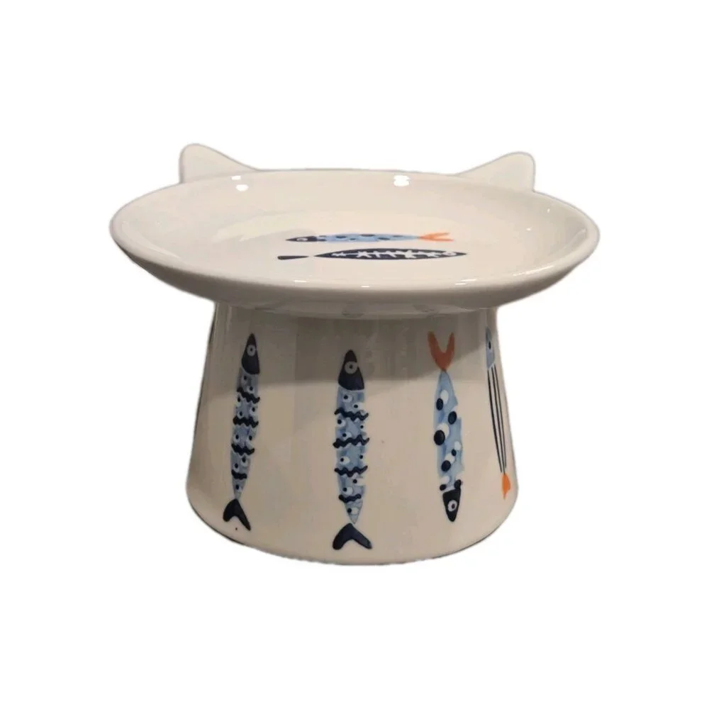 New MCM Blue Orange Sardines Fish Ceramic Cat Shaped Head Pedestal Food Bowl
